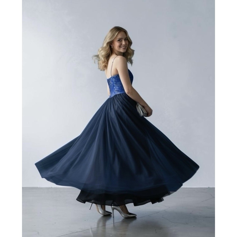 Je Matadi Silk Beaded Formal Dress Size S Blue Black Corset Evening Gown NWT